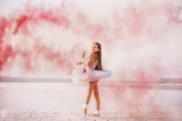 Tender young ballerina dancer in a snow-white tutu dress and white pointe shoes in pink smoke.  on a salty dried lake. Fantastic landscape and a girl  ballerina