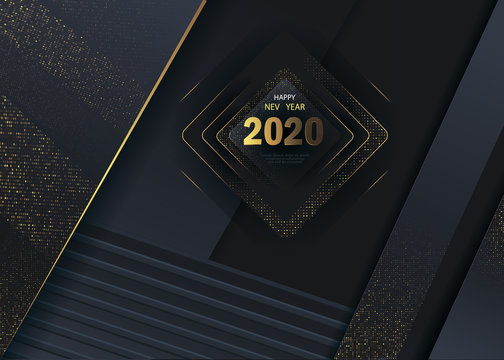 Happy New Year 2020 winter holiday greeting card design template. Party poster, banner or invitation gold glittering stars confetti glitter decoration. Vector background with golden gift bow