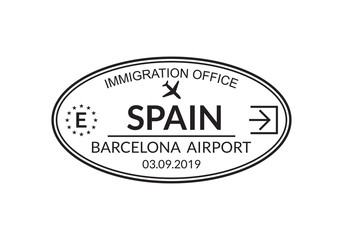 Spain passport stamp. Visa stamp for travel. Barcelona international airport grunge sign. Immigration, arrival and departure symbol. Vector illustration.