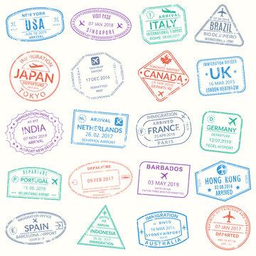 Passport stamp set. Visa stamps for travel. International airport grunge sign. Immigration, arrival and departure symbols with different cities and countries. Vector illustration.