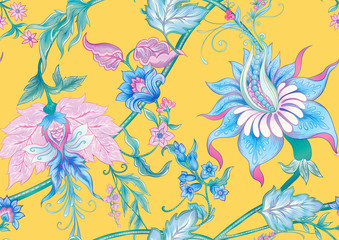 Fantasy flowers in retro, vintage, jacobean embroidery style. Seamless pattern, background. Colored vector illustration. On aspen gold yellow background..