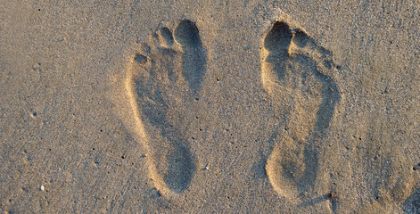 Fototapeta na wymiar trace of a man's foot in sand on beach