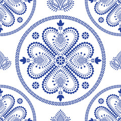 Folklore floral Nordic Scandinavian pattern vector seamless. Ethnic blue and white ornament background. Finnish, Swedish and Norwegian embroidery style holiday decoration design.