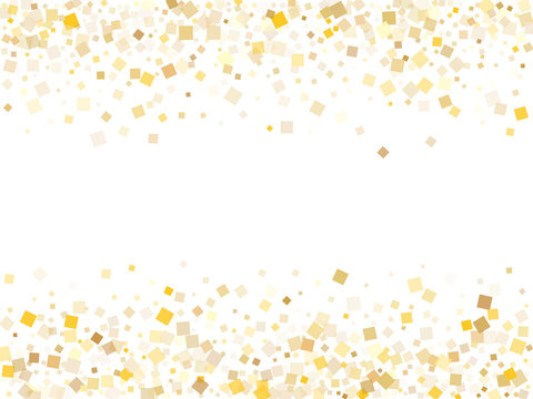 Abstract gold confetti sequins tinsels falling on white. Rich Christmas vector sequins background. Gold foil confetti party decoration texture. Light dust pieces invitation backdrop.