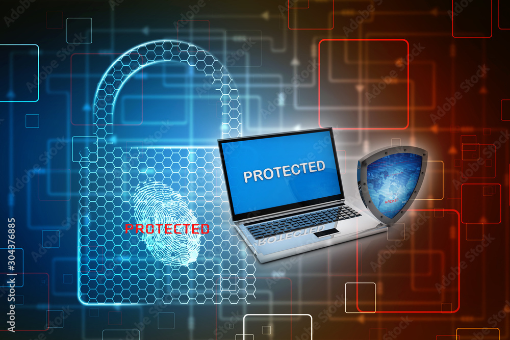 Poster 3d rendering laptop with shield