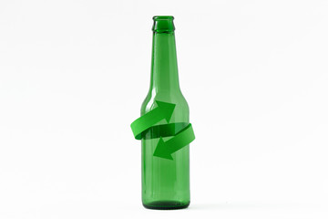 Glass bottle with recycling symbol on white background