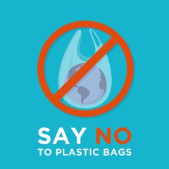 Say no to plastic bags. Ecology conversation. Zero waste. White polythene bag with planet, not allowed sign. Create less waste. Pollution problem. Campaign to reduce plastic usage. Flat vector banner