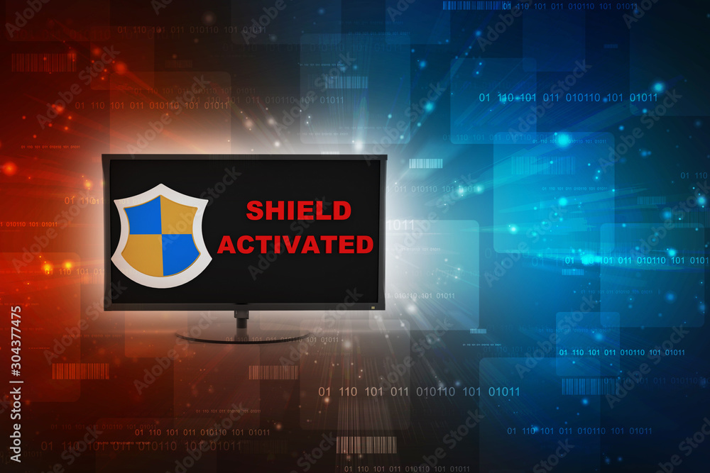 Poster 3d rendering computer with shield