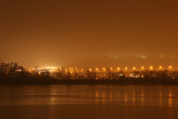 Night landscape of the fog and bridge in Kiev city