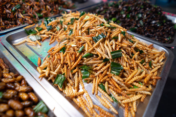 Fried insects street food in bangkok thailand
