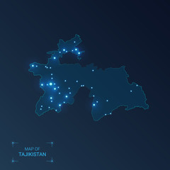 Obraz premium Tajikistan map with cities. Luminous dots - neon lights on dark background. Vector illustration.