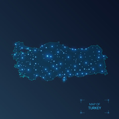 Turkey map with cities. Luminous dots - neon lights on dark background. Vector illustration.