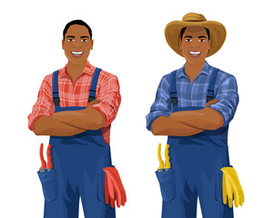 Cartoon African American farmer wearing checkered shirt, overall and hat stands with arm crossed. Smiling gardener with work gloves and hand pruners in his pocket. Vector isolated on white background. - 304378286