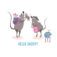 Dad's coming home vector. Happy family concept. Cute mice family. Hello daddy quote. Vector illustration isolated on white background.
