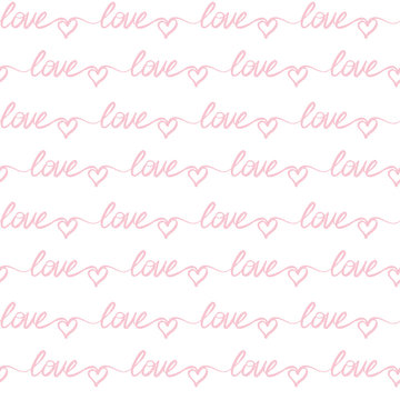 Seamless pattern with the word Love. Handwritten hand drawn text. Valentines Day. Wedding Ornament. Vector illustration.