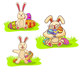 Bunny holding easter eggs.Festive holiday banner flat vector.The rabbit holds in hand a basket.