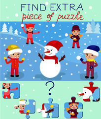 Vector illustration. Education game for preschool kids. children s education Find extra puzzle, which doesn't fit to picture. Christmas, snowman, playing kids, winter