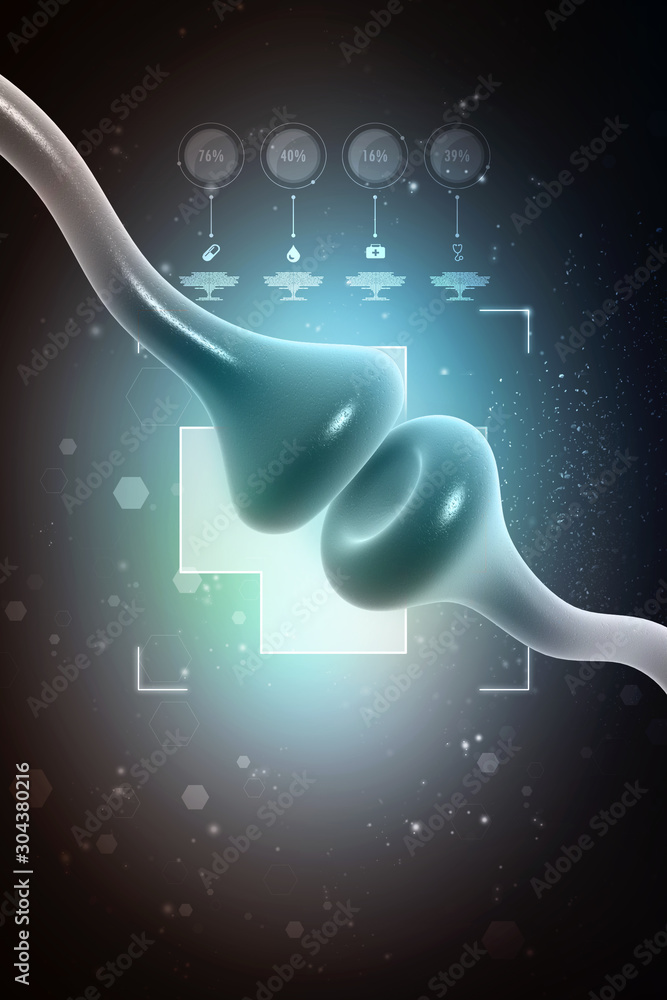 Poster synapse and neuron cells sending electrical chemical signals. 3d rendering
