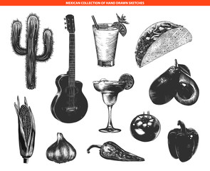 Vector engraved vintage style mexican collection for logo, decoration, emblem and menu. Hand drawn monochrome sketches of cactus, tequila, tacos, guitar, cocktails isolated on white background.