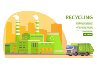  Factory trash waste processing plant.Waste recycling.Garbage truck.Low poly .Ecological green production.Flat vector graphics.