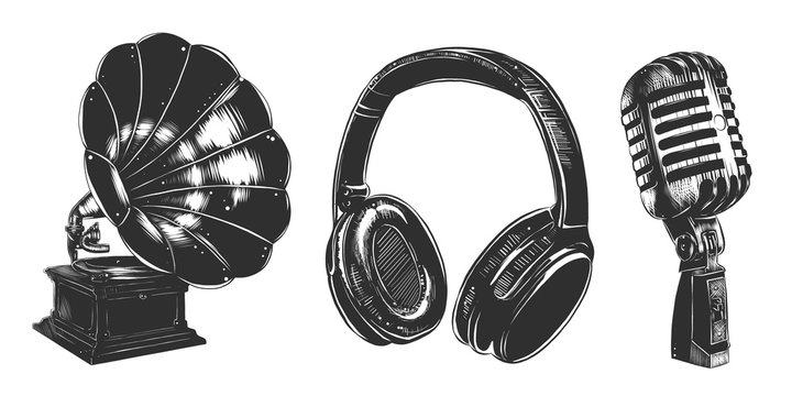 Vector engraved vintage style sound equipment collection for logo, icons, decoration, emblem. Hand drawn sketches of headphones, gramophone, microphone in monochrome isolated on white background.