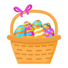 Basket with eggs for Easter.Festive illustration flat vector.