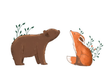 Cute bear and fox with plants. Bear and fox with floral green branch. 