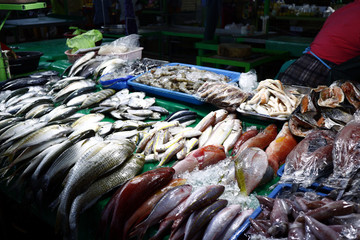 Assorted fish and other seafood at a wet market