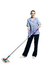Young beautiful woman in a maid costume smiling a mop, isolated on a white background.