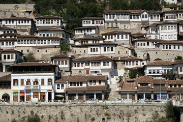 Traditional ottoman houses in old town Berat known as the White City of Albania 