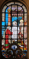 Saint Denis, first bishop of Paris, visits the Blessed Virgin in the house of Saint John in Ephesus, stained glass windows in the Notre Dame des Champs Church, Paris.