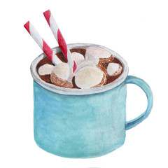 watercolor cocoa with marshmallows in  a blue  mug with a straws isolated on white