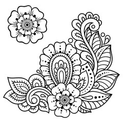 Set of Mehndi flower pattern for Henna drawing and tattoo. Decoration in ethnic oriental, Indian style. Doodle ornament. Outline hand draw vector illustration.