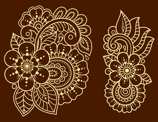Set of Mehndi flower pattern for Henna drawing and tattoo. Decoration in ethnic oriental, Indian style. Doodle ornament. Outline hand draw vector illustration.