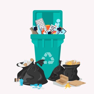 Plastic Garbage bin full of trash. Waste recycling and management. Can full of overflowing trash, plastic bags with box, papers, glass, bottles, e-waste. Cleaning city banner template. Household waste