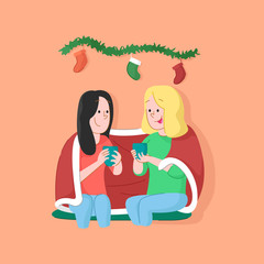 Two Girl Drinks Hot Chocolate. Christmas Illustration