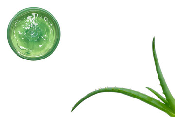 Aloe Vera Gel in circle box isolated on white background, top view. Flat lay with aloe leaves. Space for text