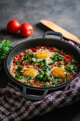 Traditional  shakshuka with eggs, tomato, and parsley in a iron pan on a dark background