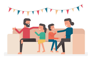 happy family sit on sofa and talking together, Thanksgiving celebration isolated on white background. character cartoon flat vector illustration.