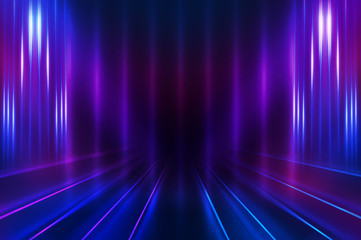 Empty dark abstract background. Background of an empty show scene. Glow of neon lights on an empty stage.