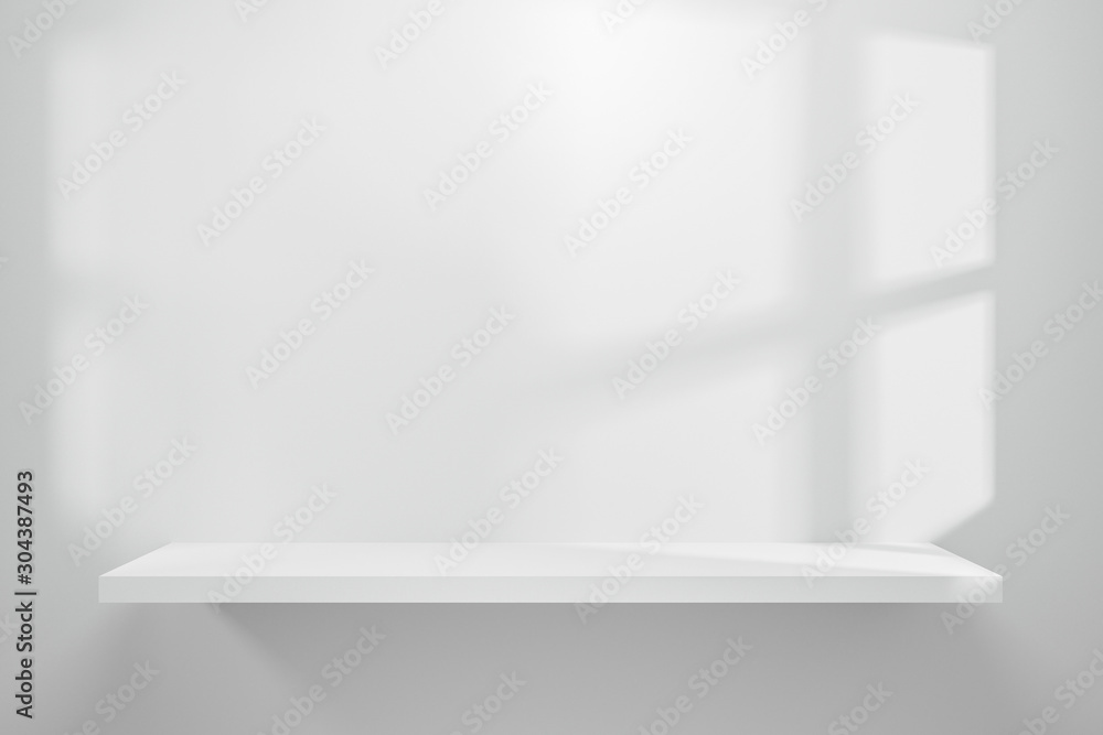 Poster Front view of empty shelf on white table showcase and wall background with natural window light. Display of backdrop shelves for showing minimal concept. Realistic 3D render.