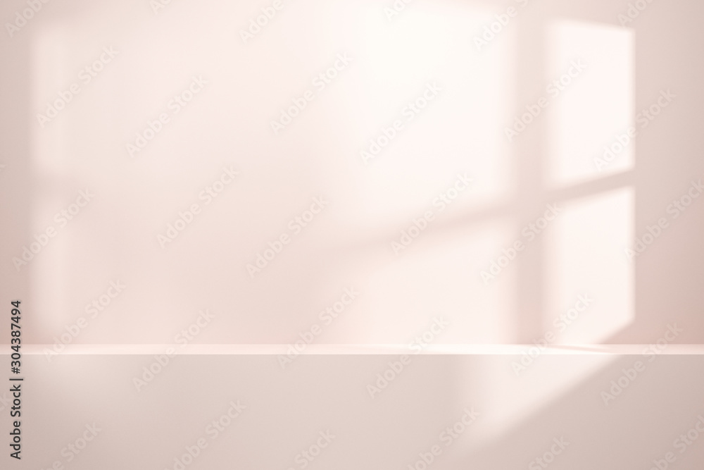 Fototapete Front view of empty shelf or counter on white wall background with natural light of window. Display of room shelves for showing minimal concept. Realistic 3D render.