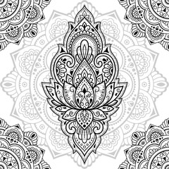 Seamless decorative ornament in ethnic oriental style. Circular pattern in form of mandala and Lotus flower for Henna, Mehndi, tattoo, decoration. Doodle outline hand draw vector illustration.