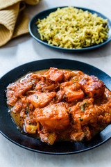 Indian Food Paneer Butter Tikka Masala / Cheese Cottage Curry and Jeera Zira Rice Basmati Pilaf or Pilav.