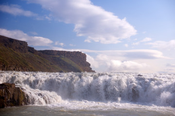 Long exposure photo of waterfall. View of the Gullfoss waterfall located in the canyon of the Hvítá river southwest Iceland, Europe.