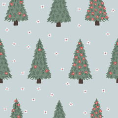 Merry land - Floral Christmas Tree seamless vector pattern.