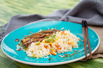 Asian style caramel pork with rice and vegetable