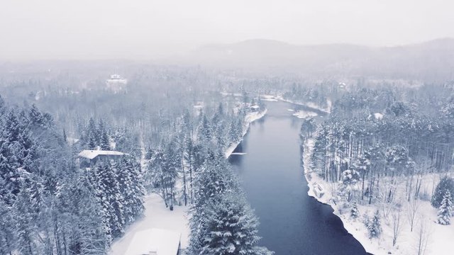 Foggy Winter Landscape - Drone Flying  4K - Mountains - Trees, rivers, snowy