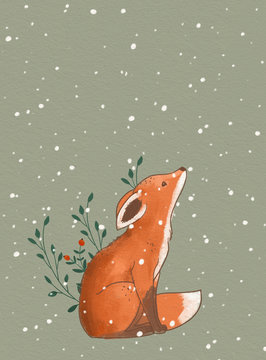 Sitting red fox in the winter forest