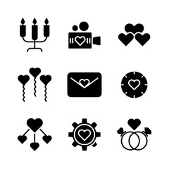 Basic vector wedding icon glyph style include candle,video,love,balloon,mail,target,link love, gear,ring